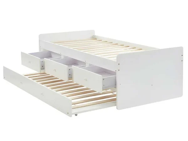 Fashion Uitschuifbed Titouan Met 3 Lades - Mdf En Dennenhout - Wit + Matras Bed Met Slaaplade