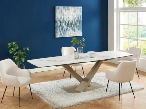 New Verlengbare Eettafel 6 Tot 10 Plaatsen Van Keramiek En Metaal - Wit En Beige Marmereffect - Malata - Van Eettafel