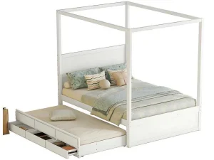 Shop Volwassen Bed 140X200Cm - Hemelbed Met Onderschuifbed En 3 Lades - Wit Bed Met Slaaplade